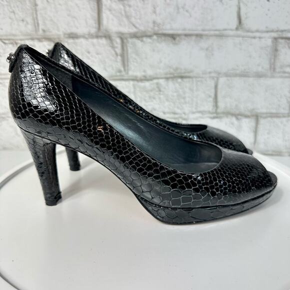Stuart Weitzman Heels Leather Croc Snake Pattern Patent Peep Toe Pump Black 7.5 - Picture 2 of 12